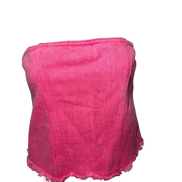 Superdown Strapless Pink Denim Bustier Tube Top Raw Hem Sz Small - Picture 2 of 7